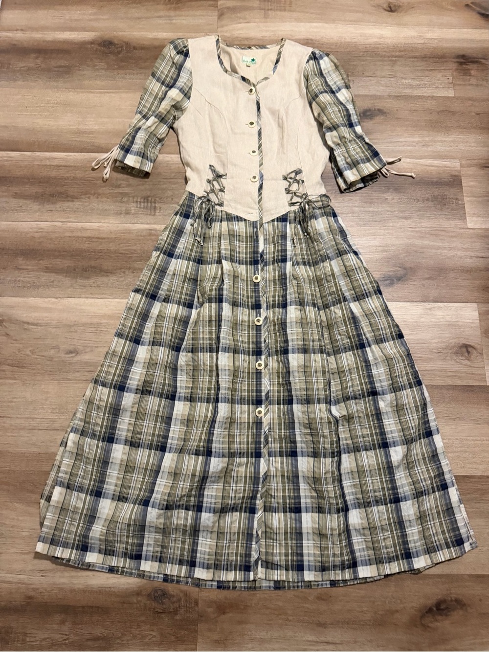 Vintage Folk Line Maxi Plaid Apron Dress Women Size 36 S XS Cottagecore
